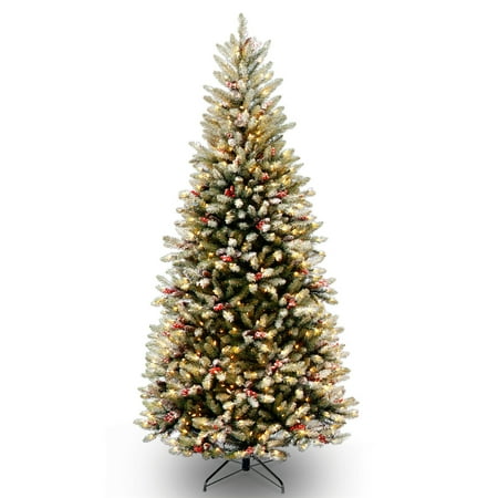 National Tree Pre-Lit 7-1/2' Dunhill Fir Slim Hinged Artificial Christmas Tree with Snow, Red Berries, Cones and 600 Clear