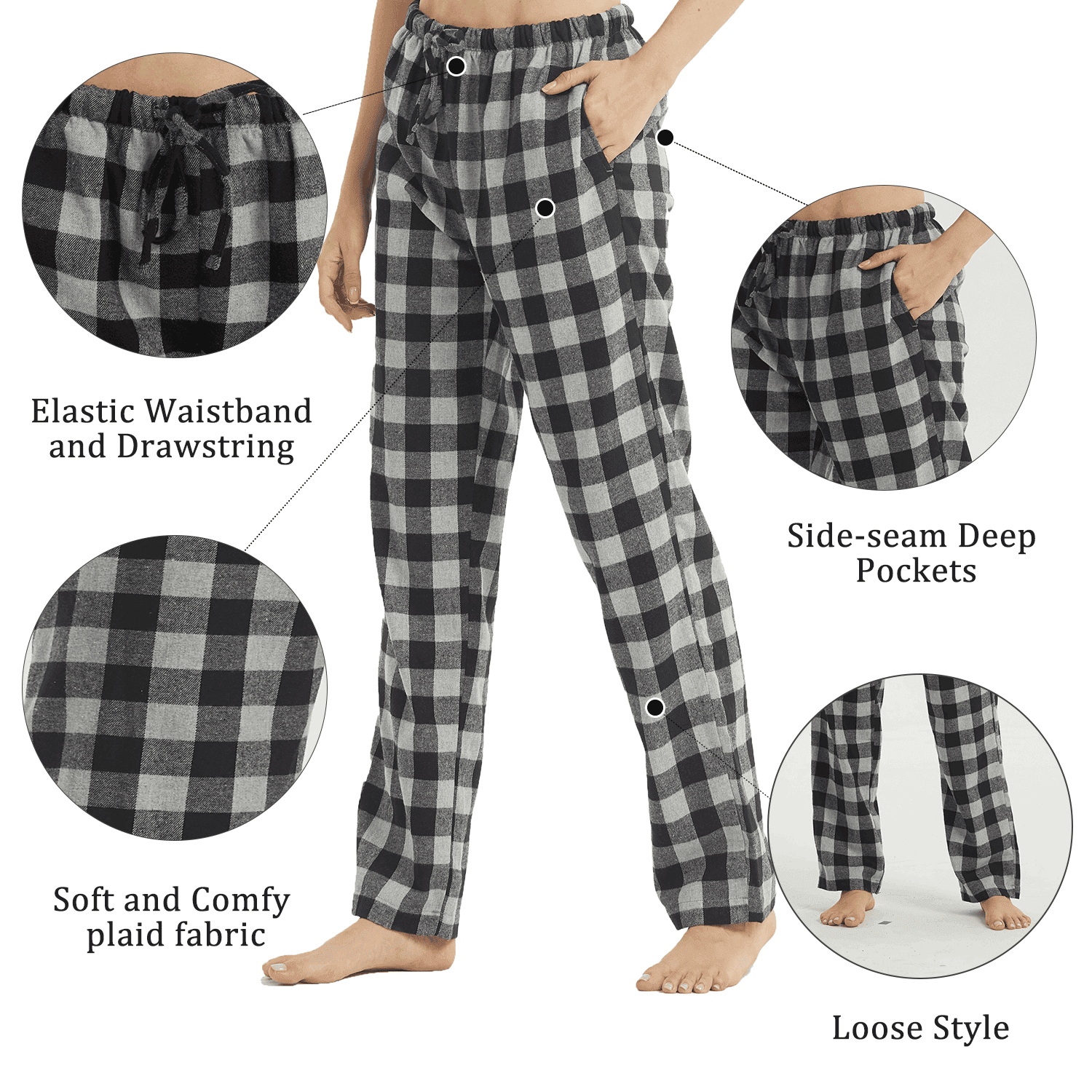 Bas De Pyjama Femme à Carreaux - Pantalon Nuit Doux Avec Poches - Automne/Hiver