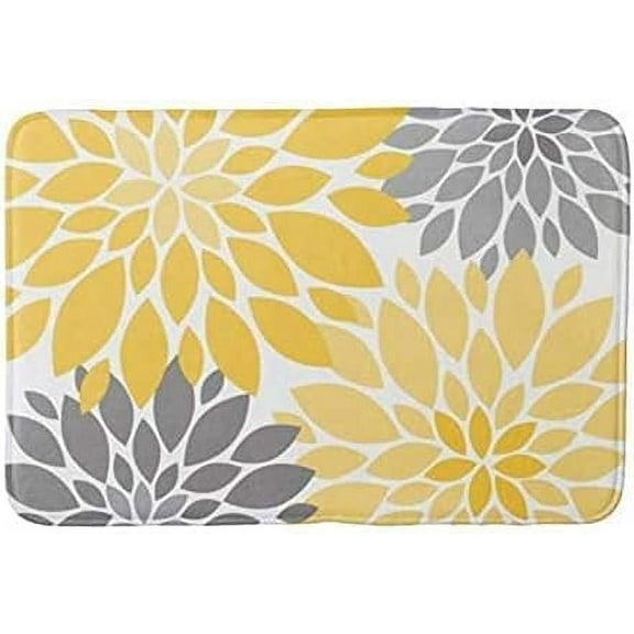 Bath Mat Absorbent Super Cozy Bathroom Rug Plush Bathroom Decor Mat with Non Slip Backing Indoor Rugs Yellow and Gray Chrysanthemums Floral Pattern Shower mat 30"x18"