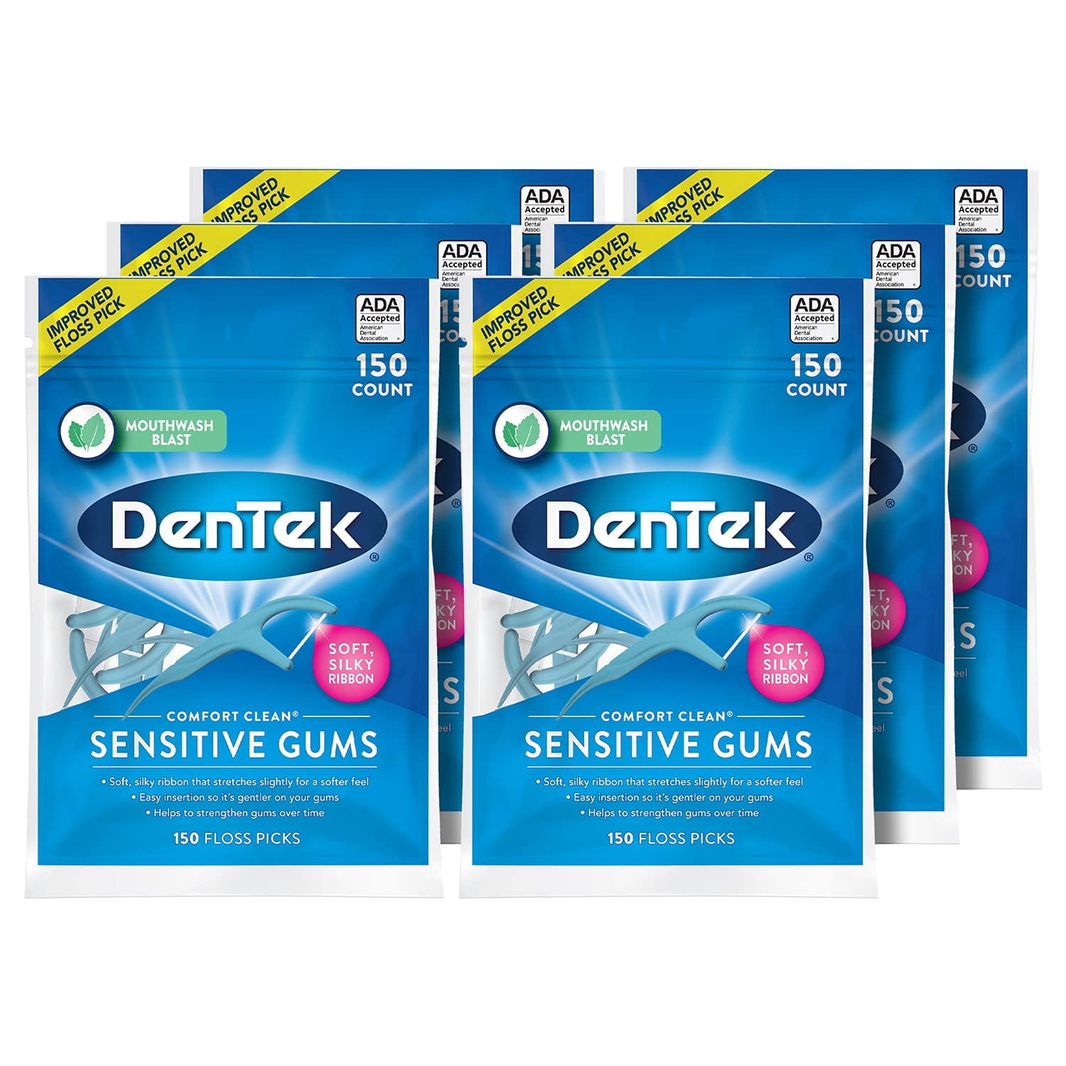 DenTek Comfort Clean Sensitive Gums Floss Picks, Soft & Silky Ribbon, 150 Count, - 6 Pack