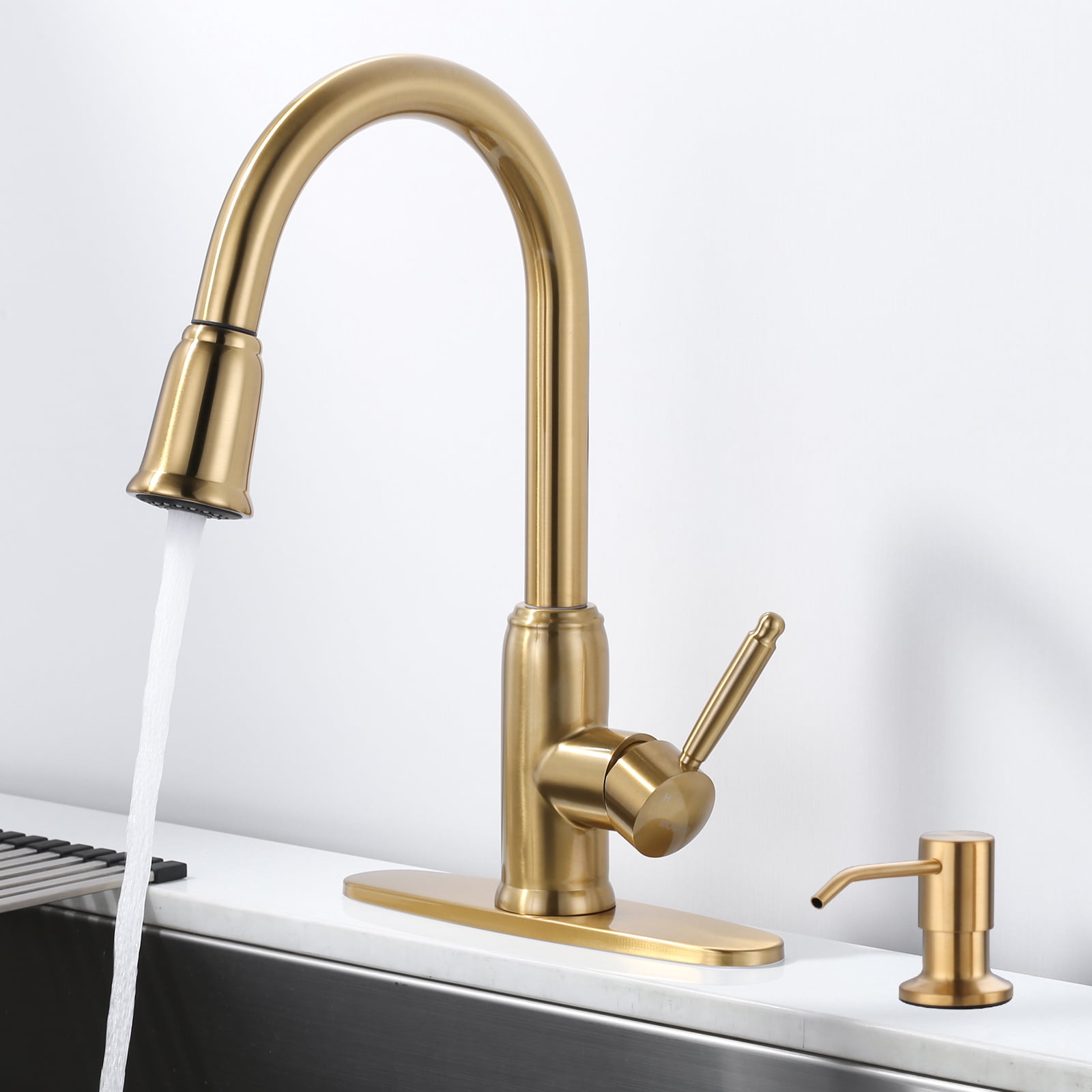 Wowow Stainless Steel Kitchen Faucet with Soap Dispenser, Gold Kitchen Faucet for Sinks