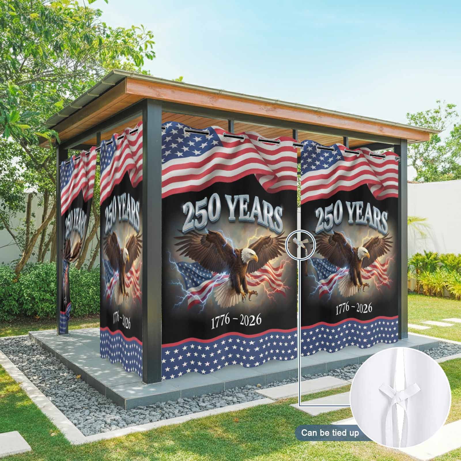 America Years Eagle Outdoor Curtains for Patio, Independence Day Lightning Red Blue Star Flag Sunshade Privacy Drapes Grommet Waterproof Outside Curtains for Porch/Cabana/Balcony 54"x 108", 1 Panel