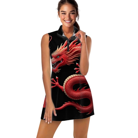 Red Chinese Dragon Design Sports Dresses Women Tennis Dress Outdoor Badminton Golf Quick-Drying And Breathable Sports Dress