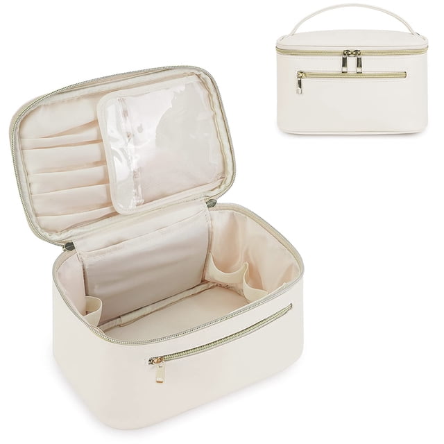 Neceser de viaje para mujer, neceser de maquillaje grande, organizador de maquillaje con compartimento para brochas, neceser de aseo de piel sintética, neceser de maquillaje portátil.