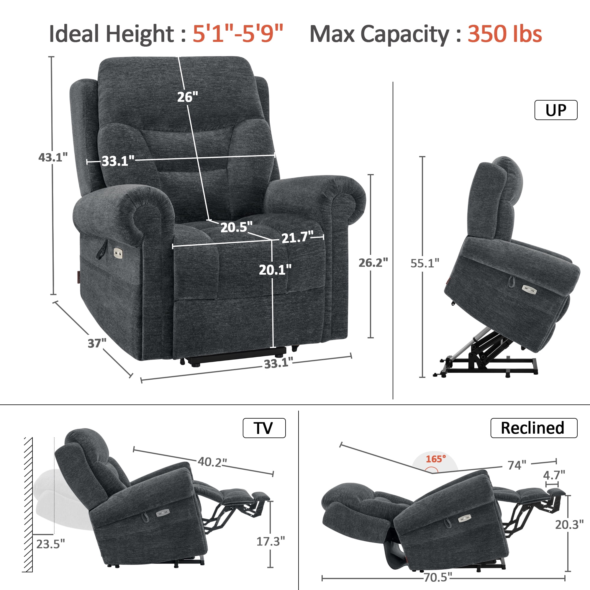 MCombo Dual Motor Power Lift Recliner Chair with Massage and Dual Heating for Senior, Fabric 7888 (Dark Grey, Medium)