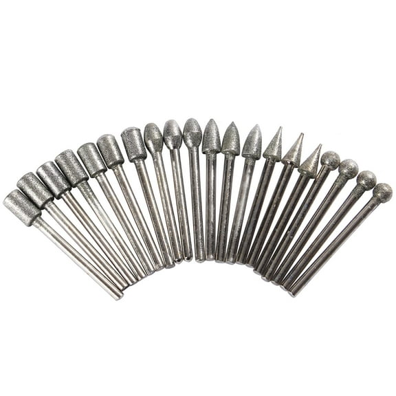 Stone Carving Set Diamond Burrs for Engraving, Grinding, Polishing Stone, Rocks, Jewelry, Glass, Ceramics, Nails Compatible with Dremel Rotary Tools 1/8 inch Shank 20 Pieces Set