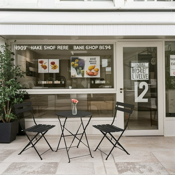 Premium Steel Patio Bistro Set, Folding Outdoor Patio Furniture Sets, 3 Piece Patio Set of Folding Patio Table and Chairs,Black