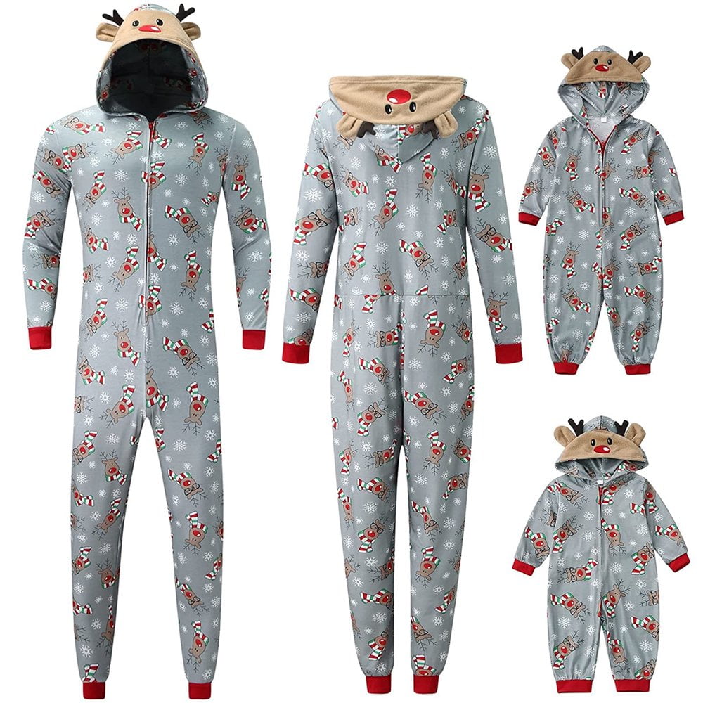 Christmas Family Matching Reindeer Hooded Onesie Pajamas Jumpsuit Zipper Pjs for Adult Kids Baby