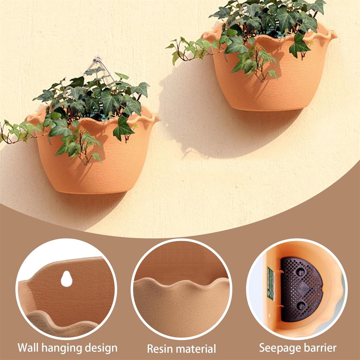 Hanging Planter with Hooks,Tutuviw 2Pcs Wall Mounted Wavy Edge Hanging Plant Pot,Chic Wave Style Wall Hanging Planter,Eco-Friendly Plastic Bucket Garden Pot for Railing Indoor Outdoor - Light Brown