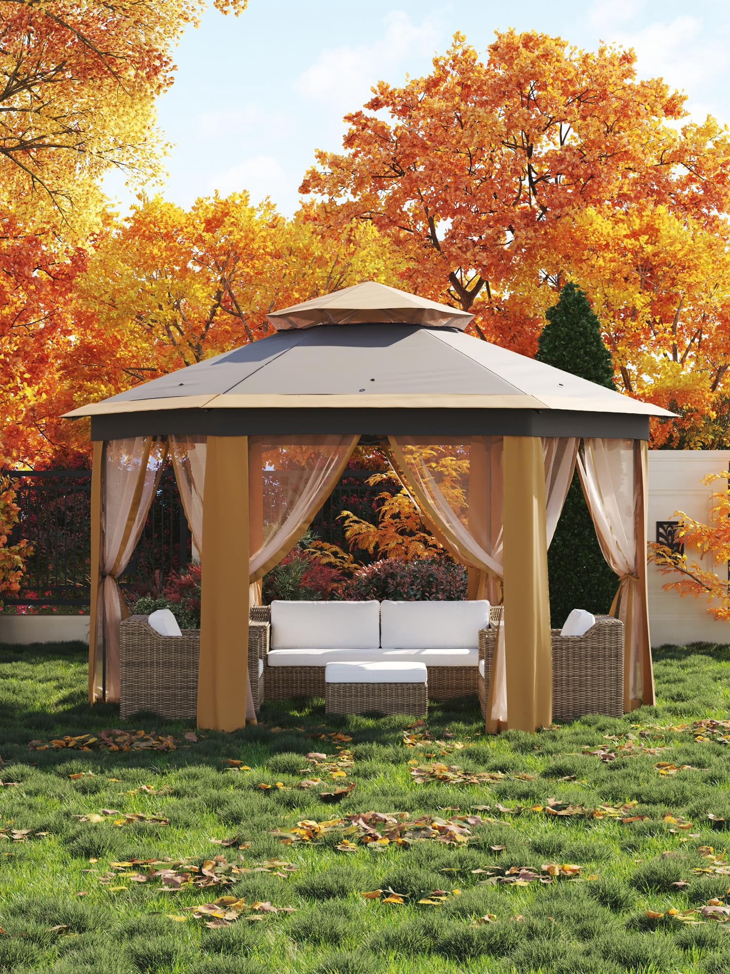 Luku 13'x13' Pop-Up Gazebo, Outdoor Hexagonal Patio Gazebo with Mosquito Netting, Instant Setup Canopy Tent with Strong Steel Frame and Sandbags, for Backyard, Gardens, Patio