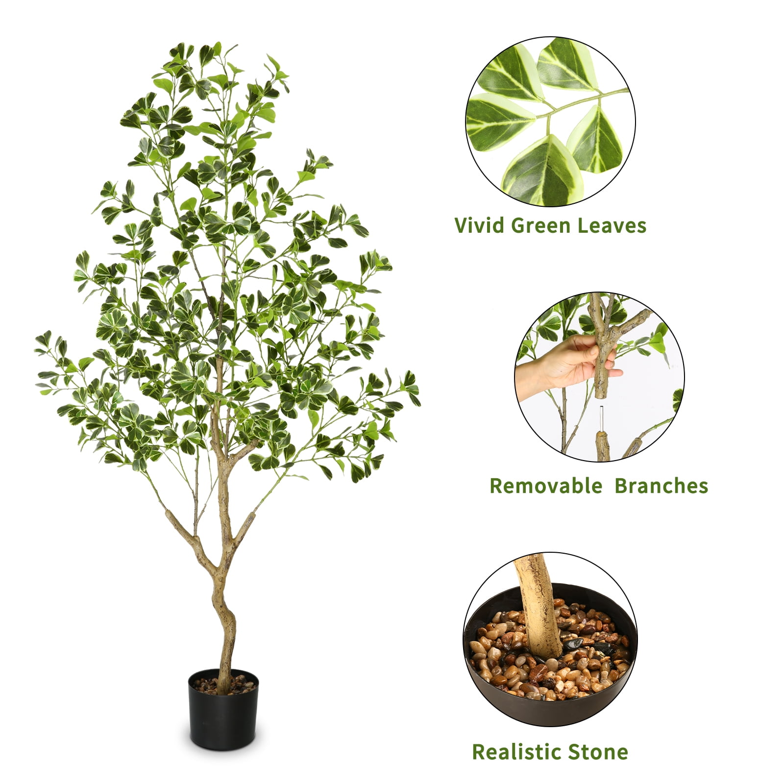 PARMPH 4.9Ft Artificial Ficus Tree, White-Edged Green Heart-shaped Ficus Plants in Pot with Natural Trunk and Realistic Leaves for Home Decor Indoor Outdoor Living Room Office Decorations