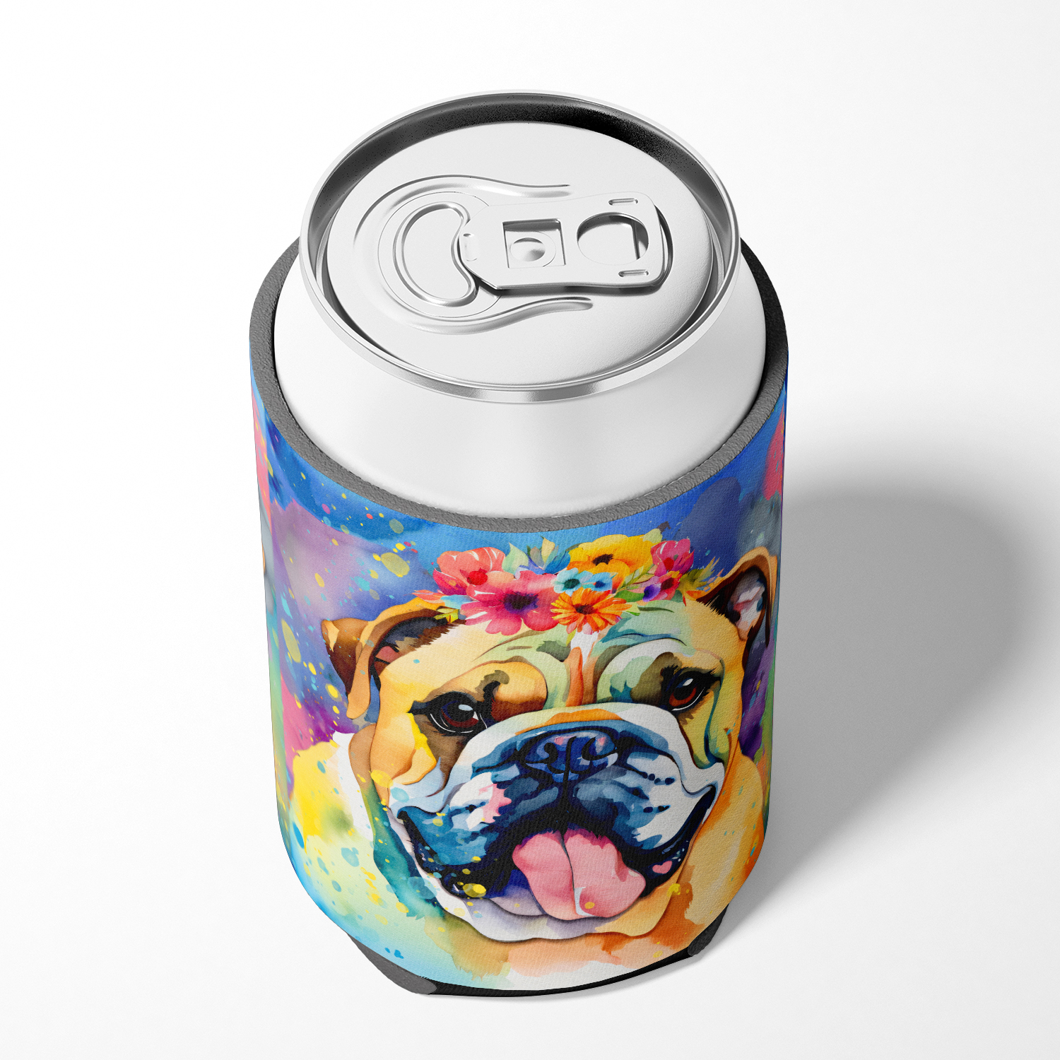 English Bulldog Hippie Dawg Can or Bottle Hugger 3 in x 5 in