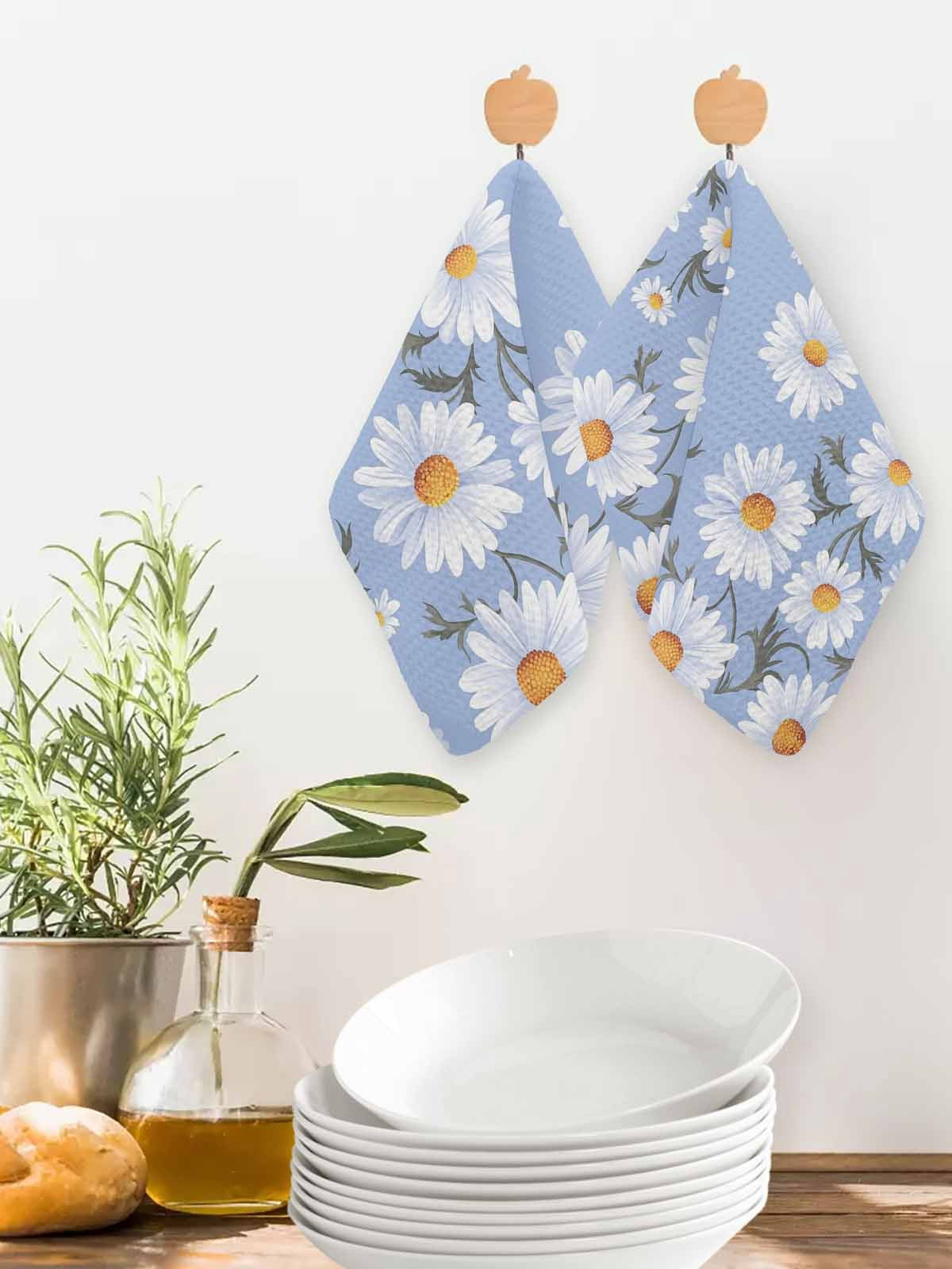 Blue Daisy Dish Towels Set, Waffle Weave Kitchen Towels 3 Pieces, Spring Floral Summer Botanical Watercolor Microfiber Hair Face Bath Tea Towel Absorbent Quick Drying Cleaning Dish Cloths, 12"x12"