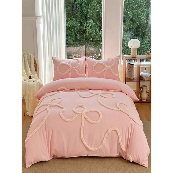 Pink 3D Rope Bow Duvet Cover Set - Polyester Bedding, TWIN (2 Pc) / QUEEN & KING (3 Pc), Multi-Color