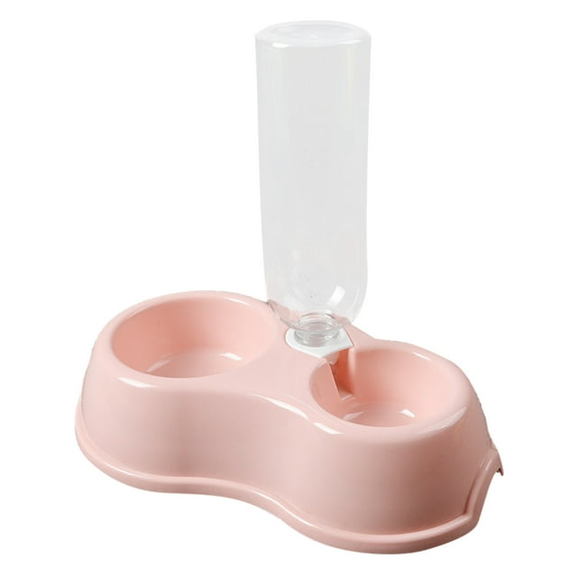 Comedero doble redondo de plástico para mascotas, automático, con botella para beber, color rosa