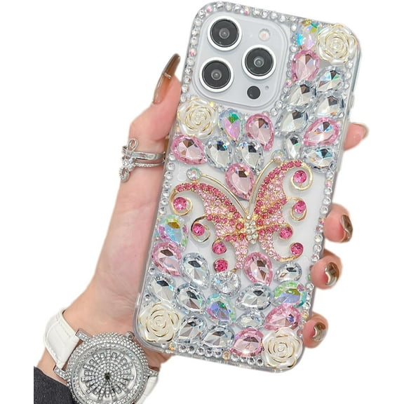 for iPhone 16 Pro Max Bling Case,Luxury Glitter Rhinestone Diamond Crystal Sparkle Rose Flower Pearl Floral Butterfly Soft Bumper Protective Case Cover for Women Case for iPhone 16 Pro Max