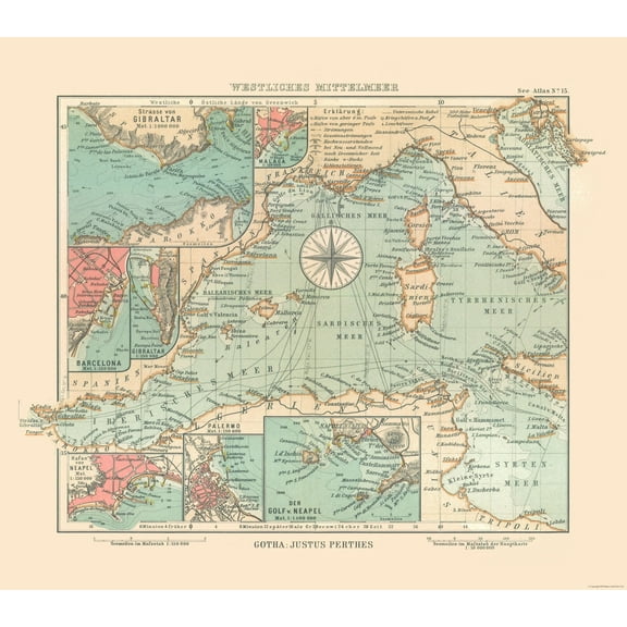 Historic Nautical Map - Mediterranean Sea Western - Perthes 1914 - 26.04 x 23 - Vintage Wall Art