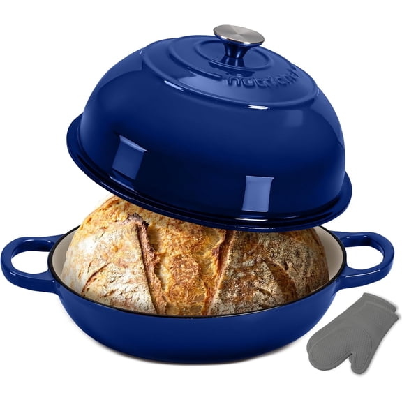 NutriChef 10.2" Enameled Cast Iron Bread Oven, Dome-Shaped Sourdough Dutch Oven with Handles & Silicone Gloves, Oven Safe to 500°F, Dishwasher Safe (Blue)