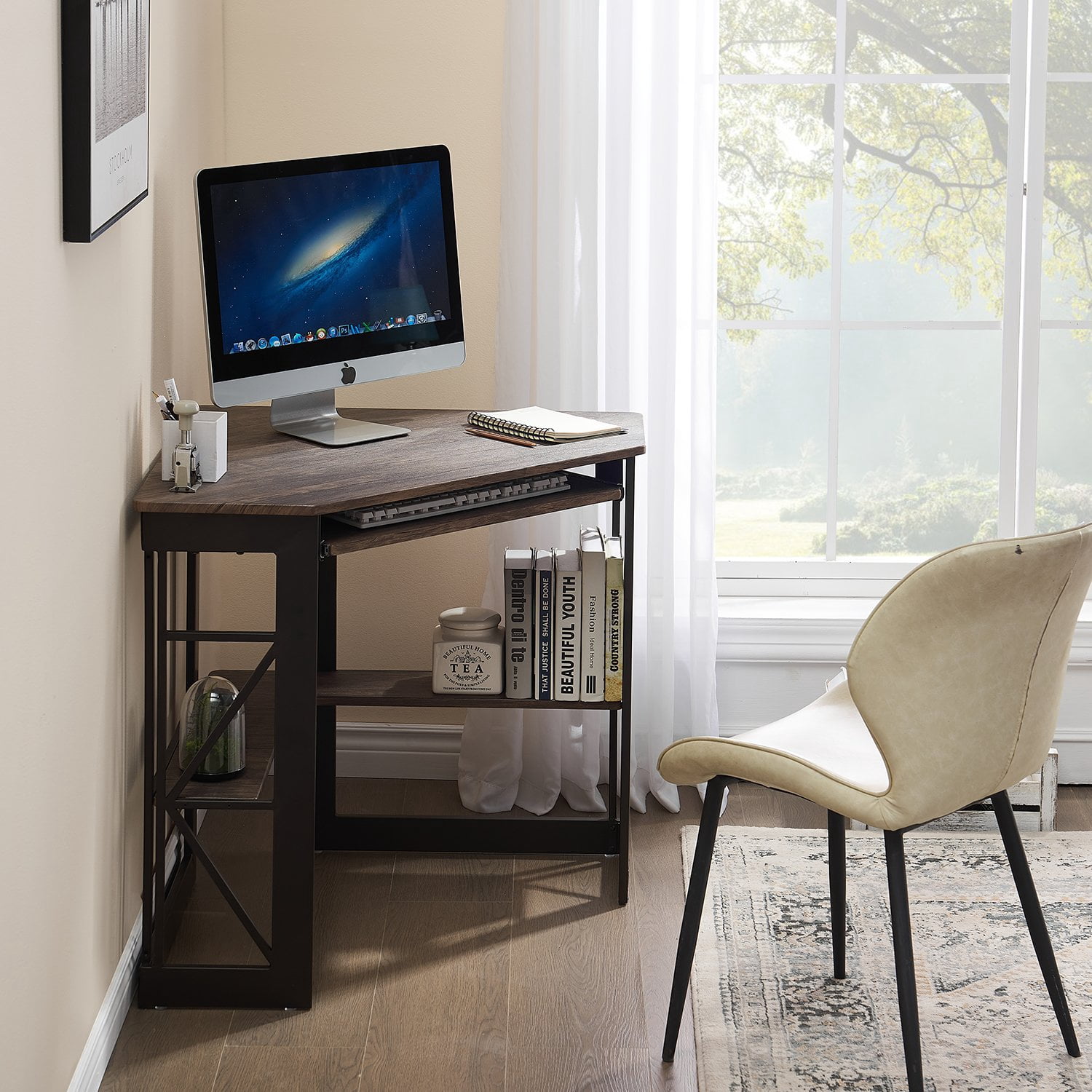 VECELO Desk with Keyboard Corner Computer Writing Shelves, Compact Home Office, Dark Brown
