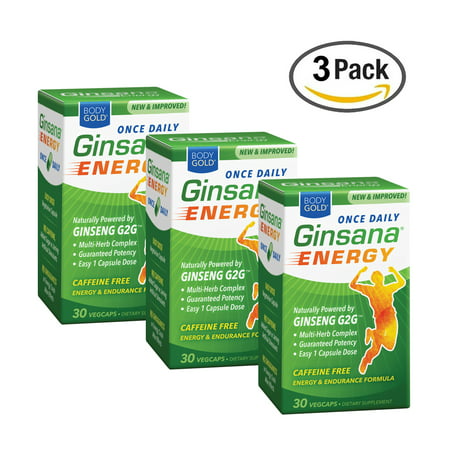 BodyGold Ginsana Energy, Once Daily | Panax Ginseng Extract w/ Herbal Blend for Focus & Endurance | Caffeine Free | 30 VegCaps/Box | Pack of