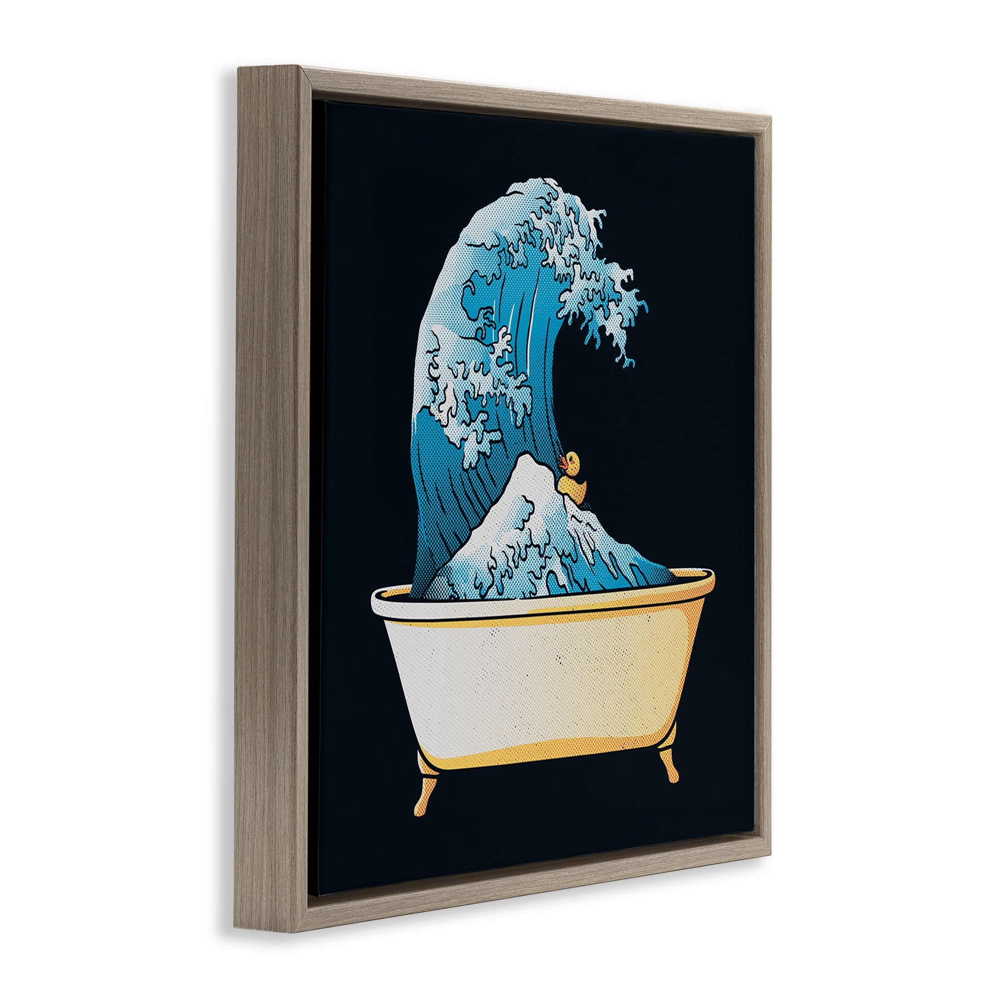 Stupell Industries Bathtub with Kanagawa Wave Brown Framed Floater Canvas Wall Art, design by Tobe Fonseca