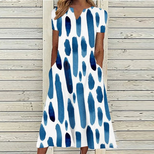 SMihono Robe d'Été Bohème pour Femmes Grande Taille Mode Décontractée d'Été avec Poches Manches Courtes Imprimée Col en V