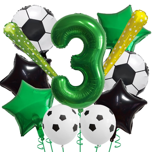 Kit de globos con temática de fútbol, 11 unidades, con número 3 para tercer cumpleaños