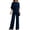 Navy, variant on Womens Two Piece Formal Set Round Neck Draped Twist Front Top High Waist Wide Leg Full Length Pants Beige L