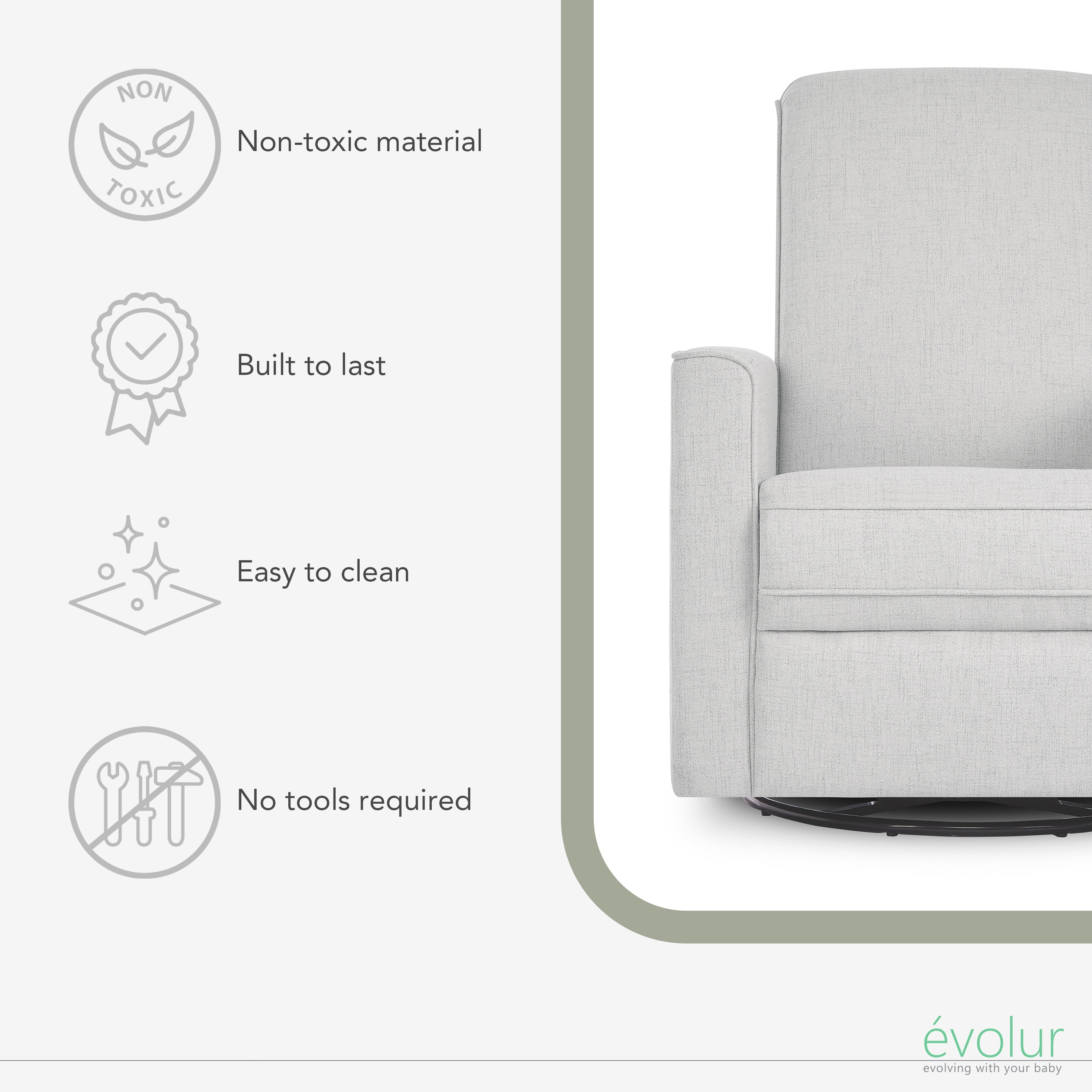 Evolur Raleigh Nursery Glider Recliner and Rocking Chair in Fog, 360° Swivel Motion, Multiple Recline Positions, Easy to Clean, FSC and Greenguard Gold Certified