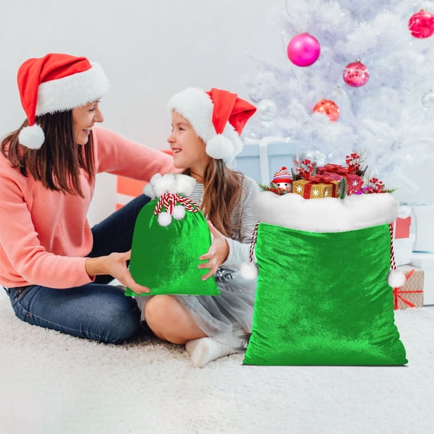 Bolsa Bolsa de regalo navideña de terciopelo verde con cordón ajustable, ideal para envolver regalos y decorar en estas fiestas. 1 unidad, 30 x 40 cm Rkxzt