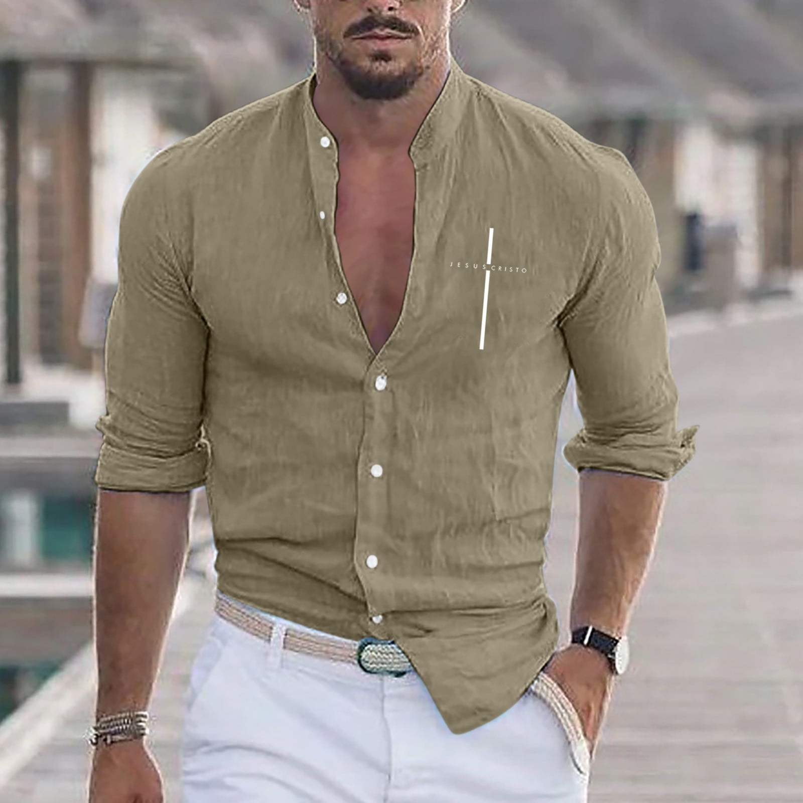 Mens Shirts Men Printing Casual Plus Size Loose Cotton Linen Shirt Long