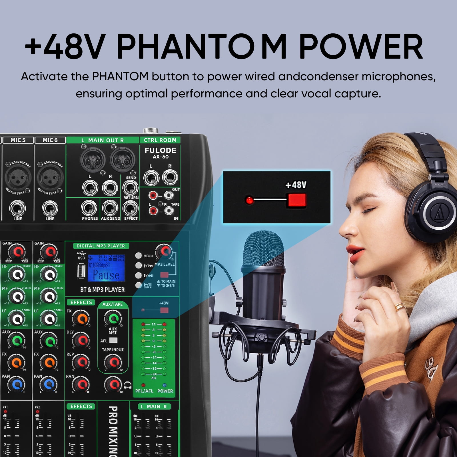 6 Channel Audio Mixer, Professional DJ Mixer Board Sound Music Mixing Console Digital Mixer with Reverb, Bluetooth, USB Port, 48V Phantom Power for Recording Karaoke Podcasting