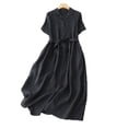 thumbnail image 2 of GaThRRgYP Summer Floral Print Dress Women,Women's Elastic Waist Loose and Comfortable Solid Color Doll Shirt Linen Dress Navy L, 2 of 3