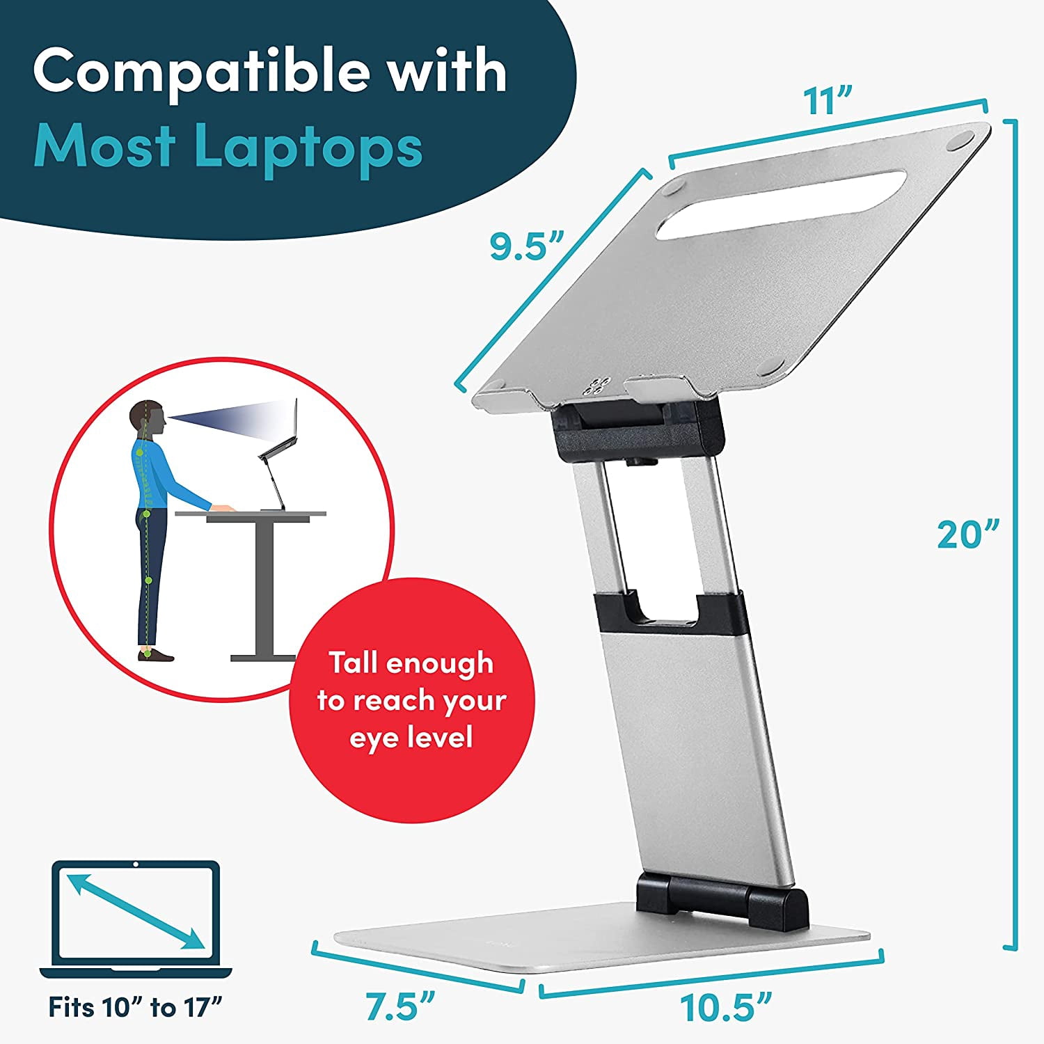 Silver Adjustable Laptop Stand for Desk+Ergonomic Sit to Stand, 2.1"-13.8" Height, 22lbs Capacity, Compatible with MacBook 11-17" Laptops & Tablets