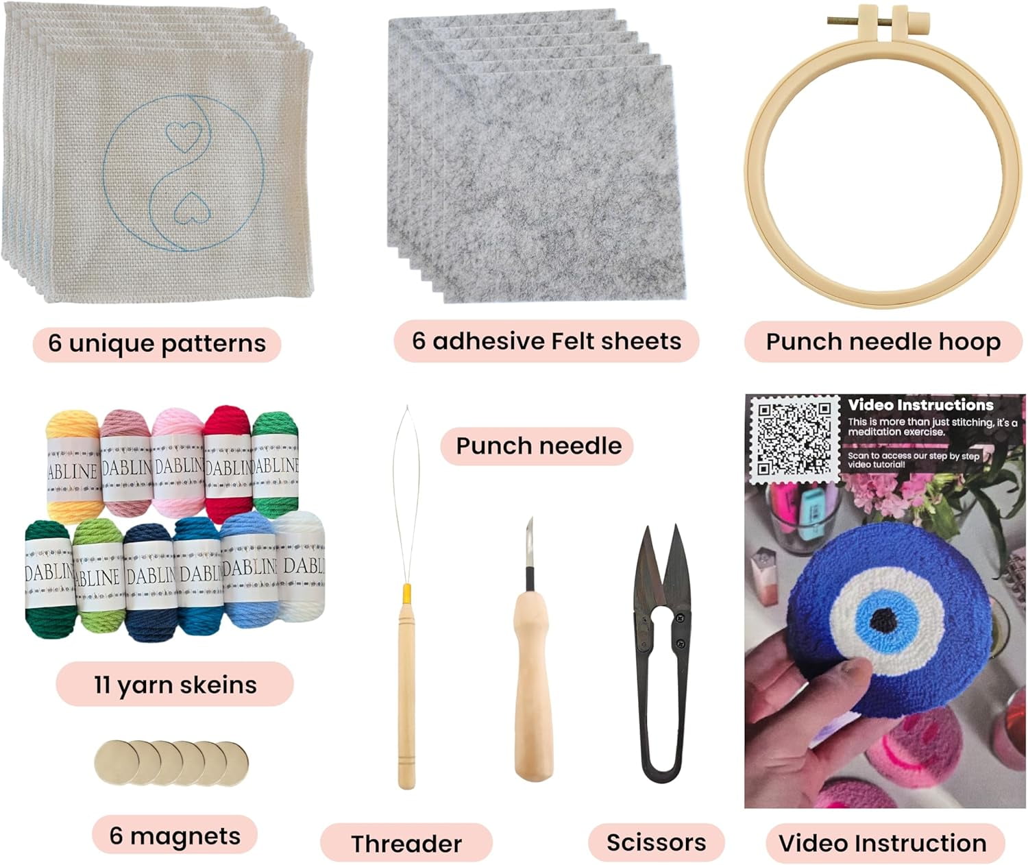 Dabline Punch Needle Kit for Beginners and Adults Set of 6 | Stress Relief DIY Craft - Complete Punch Needle Starter Kit with Designs & Supplies