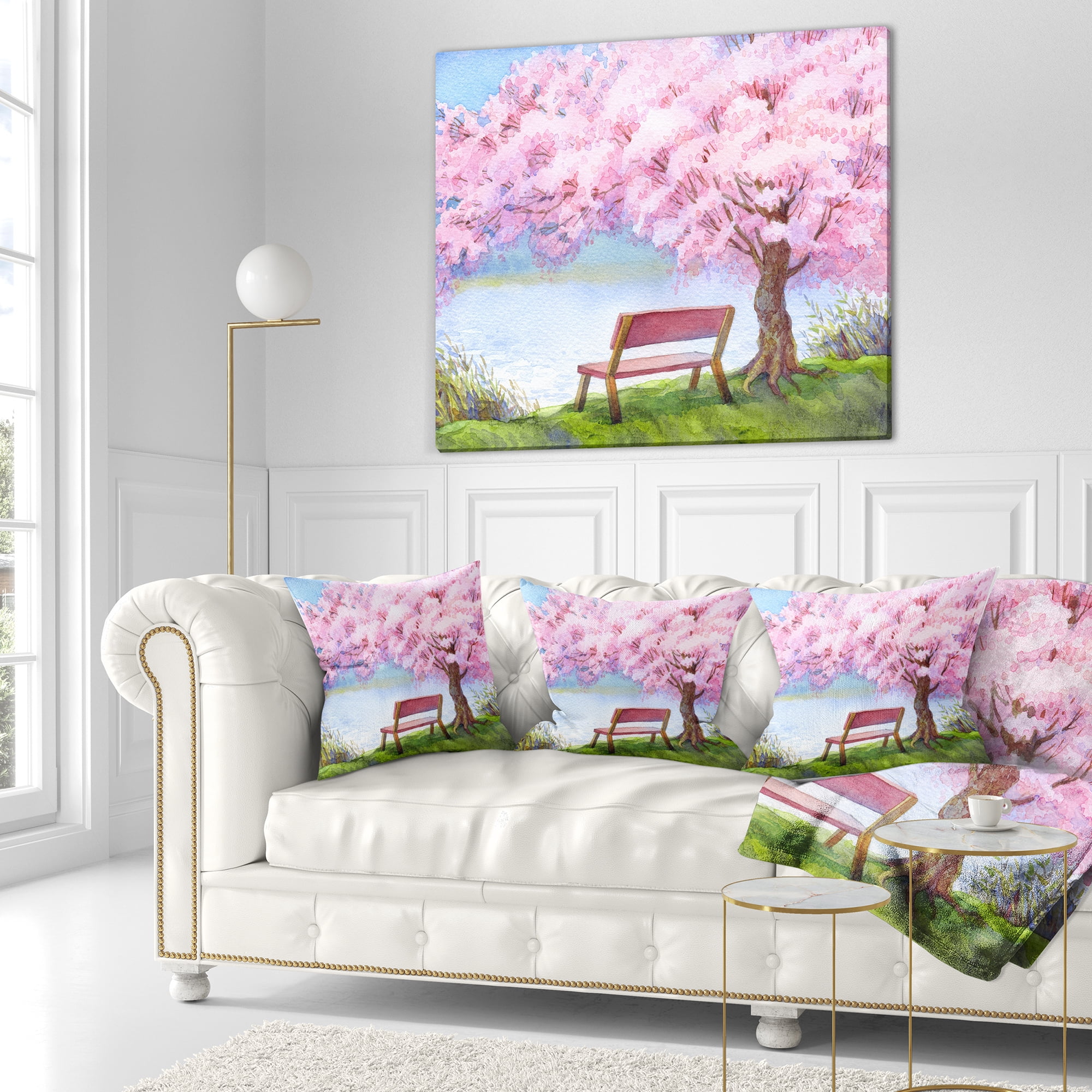 Designart Bench under Flowering Peach Tree - Floral Throw Pillow - 16x16