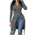 thumbnail image 3 of qolati Women's Long Sleeved Shirts 2023 Fall Winter Ribbed Knitted Zipper V Neck Blouse Trendy High Split Hem Going Out Tops, 3 of 5