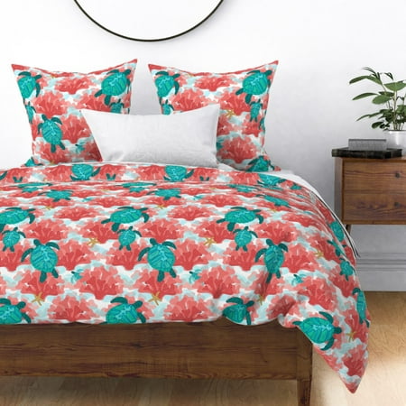 Sea Turtles Coral Mint Green Ocean Turquoise Reef Sateen Duvet