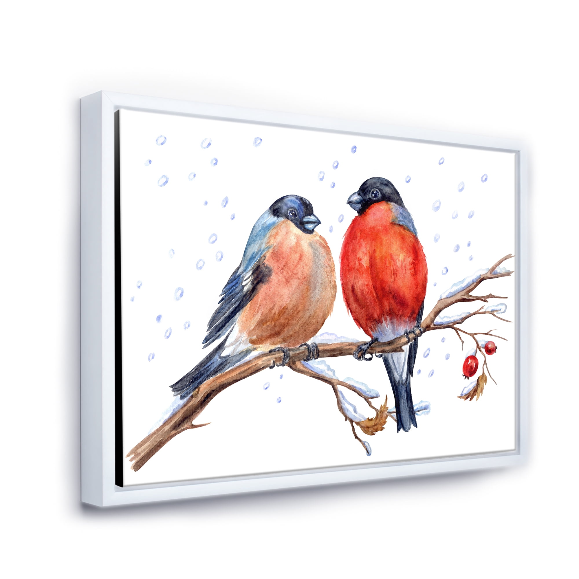 Designart 'Two Bullfinches On A Hawthorn Branch with Snowfall In Winter' Traditional Framed Canvas Wall Art Print