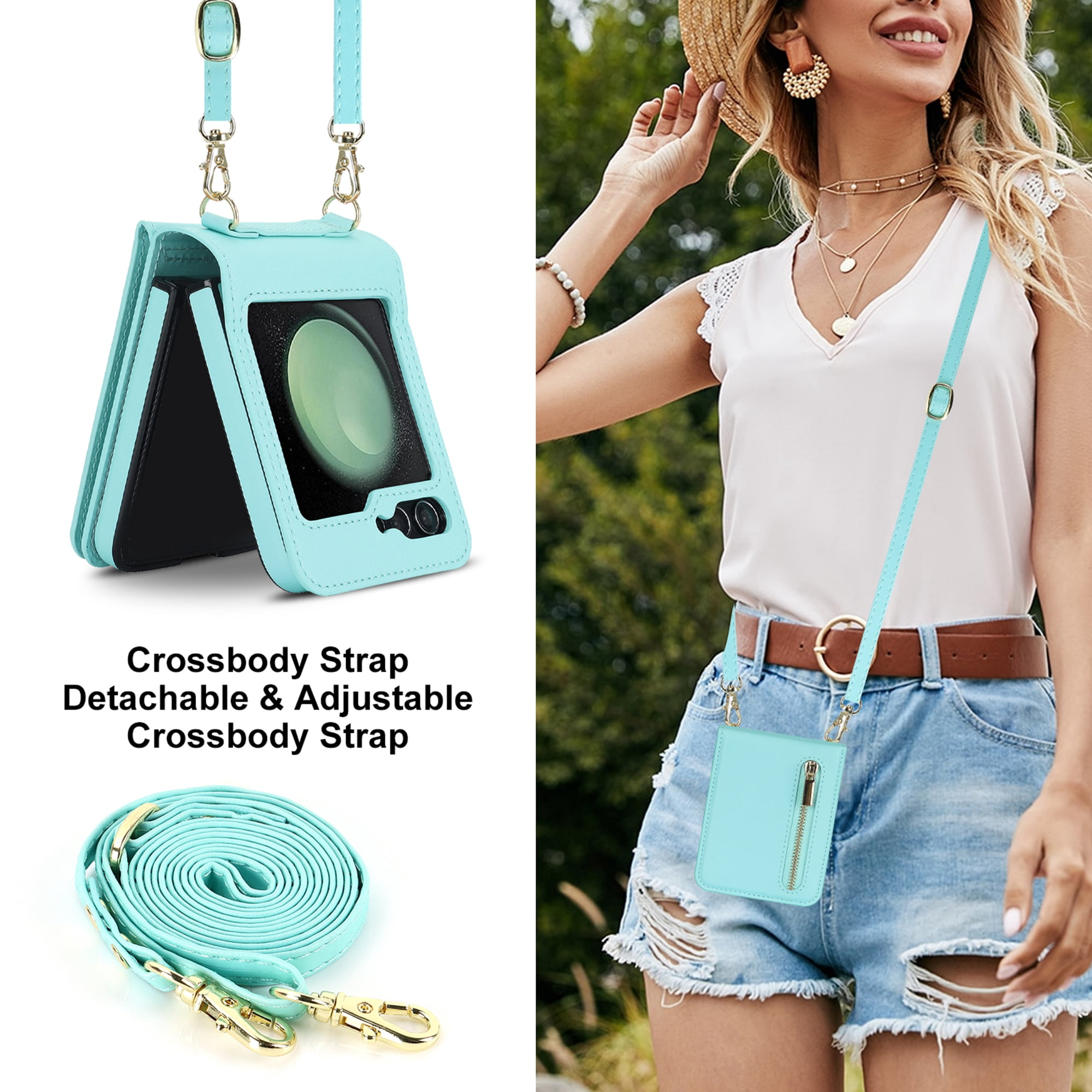 Decase for Samsung Galaxy Z Flip 5 Luxury Zipper Wallet Phone Case, Multi-Function Kickstand Card Holder Adjustable Fashion Flip Cover Case with Crossbody Strap for Samsung Z Flip 5 5G,Mint