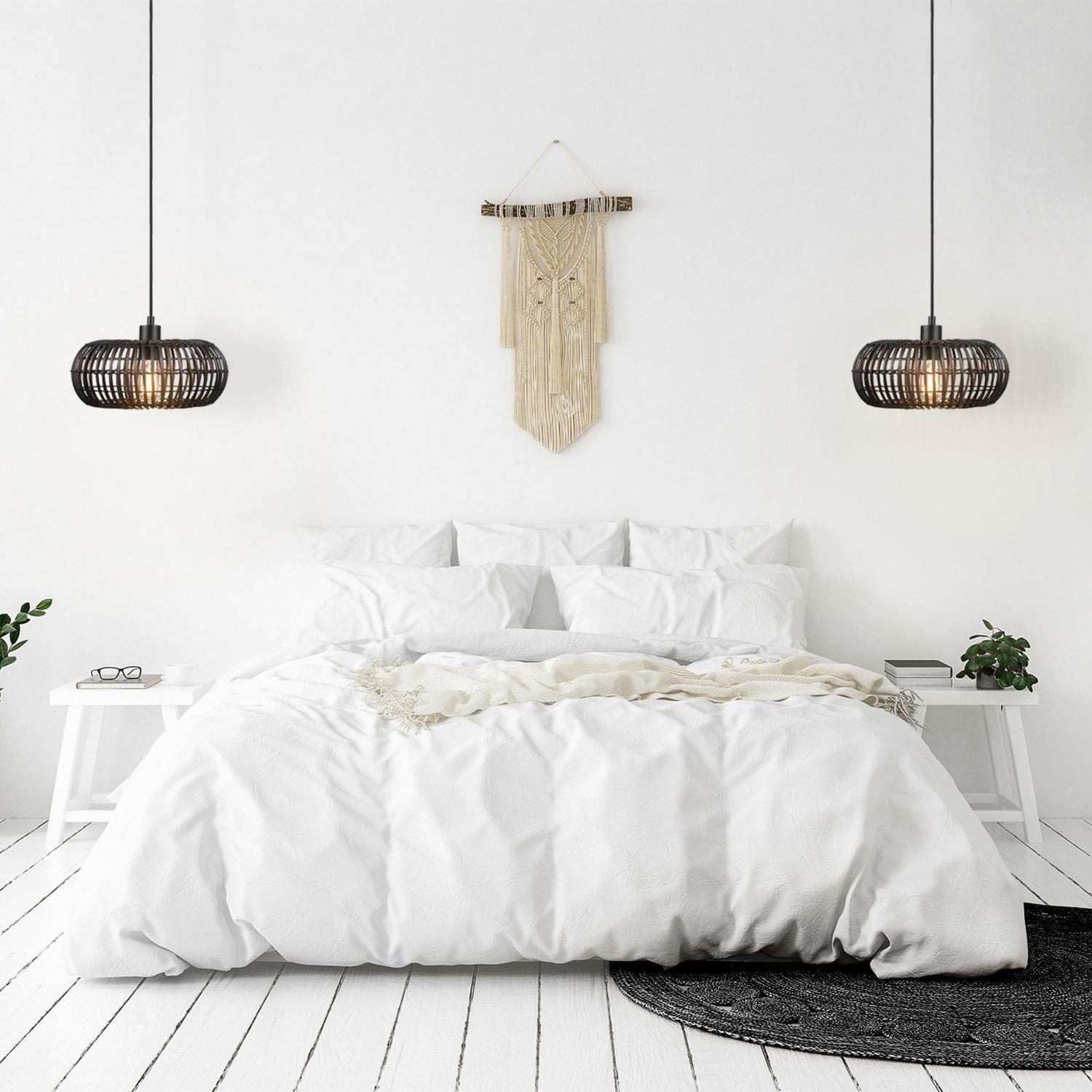 Maren 1-Light Pendant Lighting, Matte Black, Rattan Shade