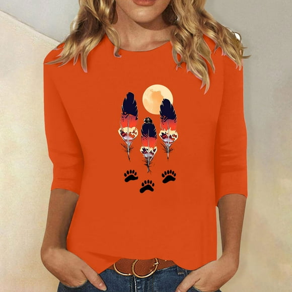 Heisall Women's Spring Autumn Tops 3/4 Sleeve Round Neck Casual Fashion Blouses Orange Festival Print Shirts