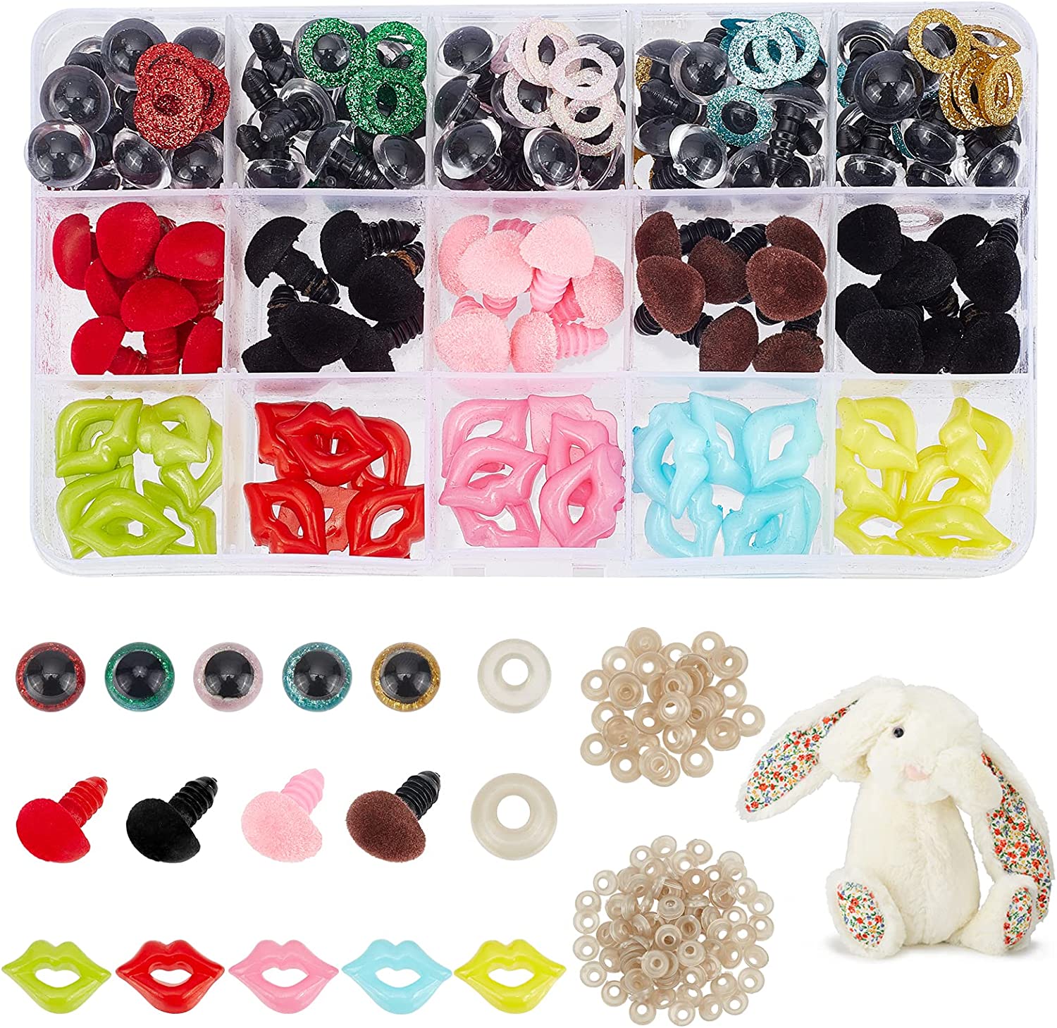 140pcs Safety Eyes Noses Lip, 15 Styles Craft Plastic Glitter Animal Eyes  Crochet Eyes with Washers Bear Nose and Human Mouth for Amigurumi Puppet