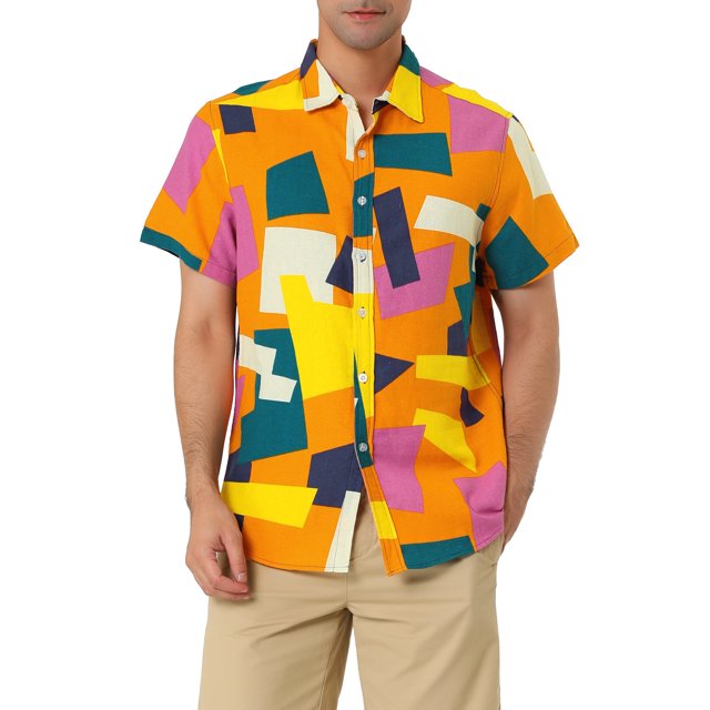 Unique Bargains Men's Summer Shirts Short Sleeve Irregular Geometric Button Down Shirt