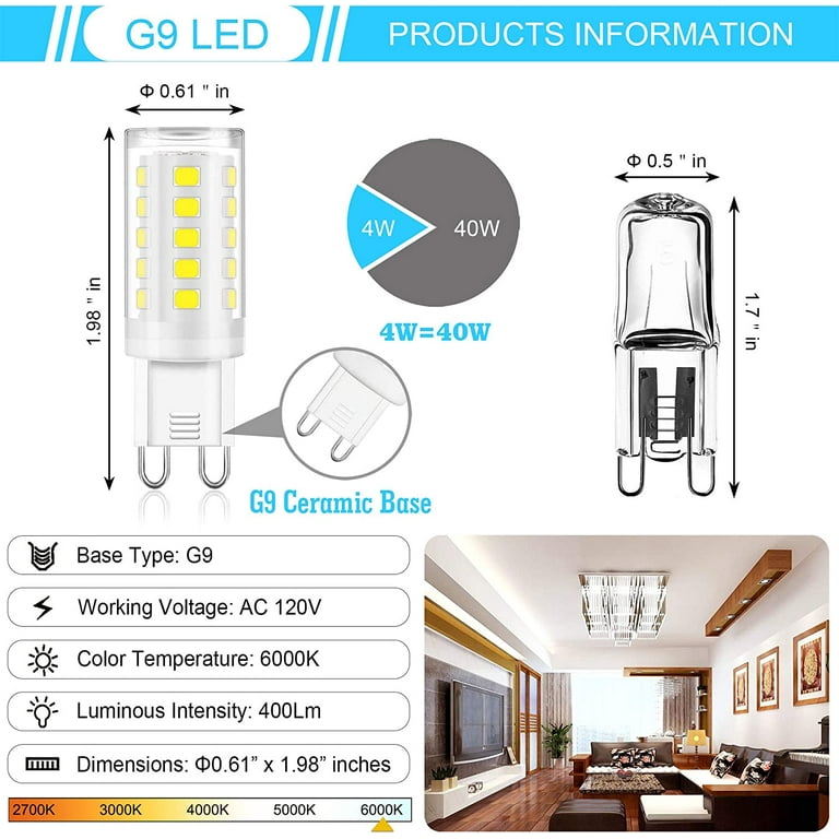 winshine G9 LED Bulb Dimmable 6000K Daylight 4W, 40Watt G9 Halogen  Equivalent G9 Bi Pin Base,T4 Chandelier Lighting No-Flicker Light Bulb 120V  AC 5