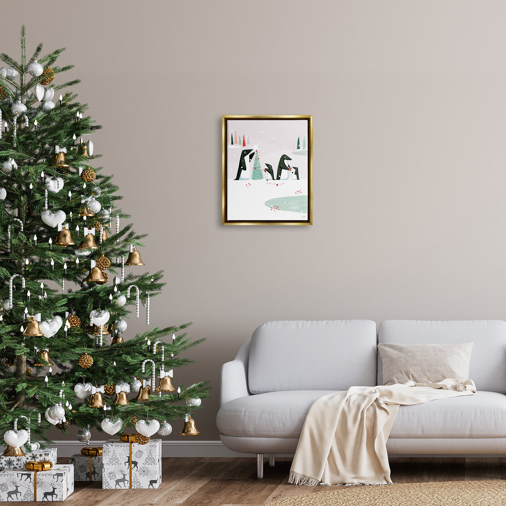 Stupell Industries Penguins Decorating Christmas Tree Holiday Painting Gold Floater Framed Art Print Wall Art