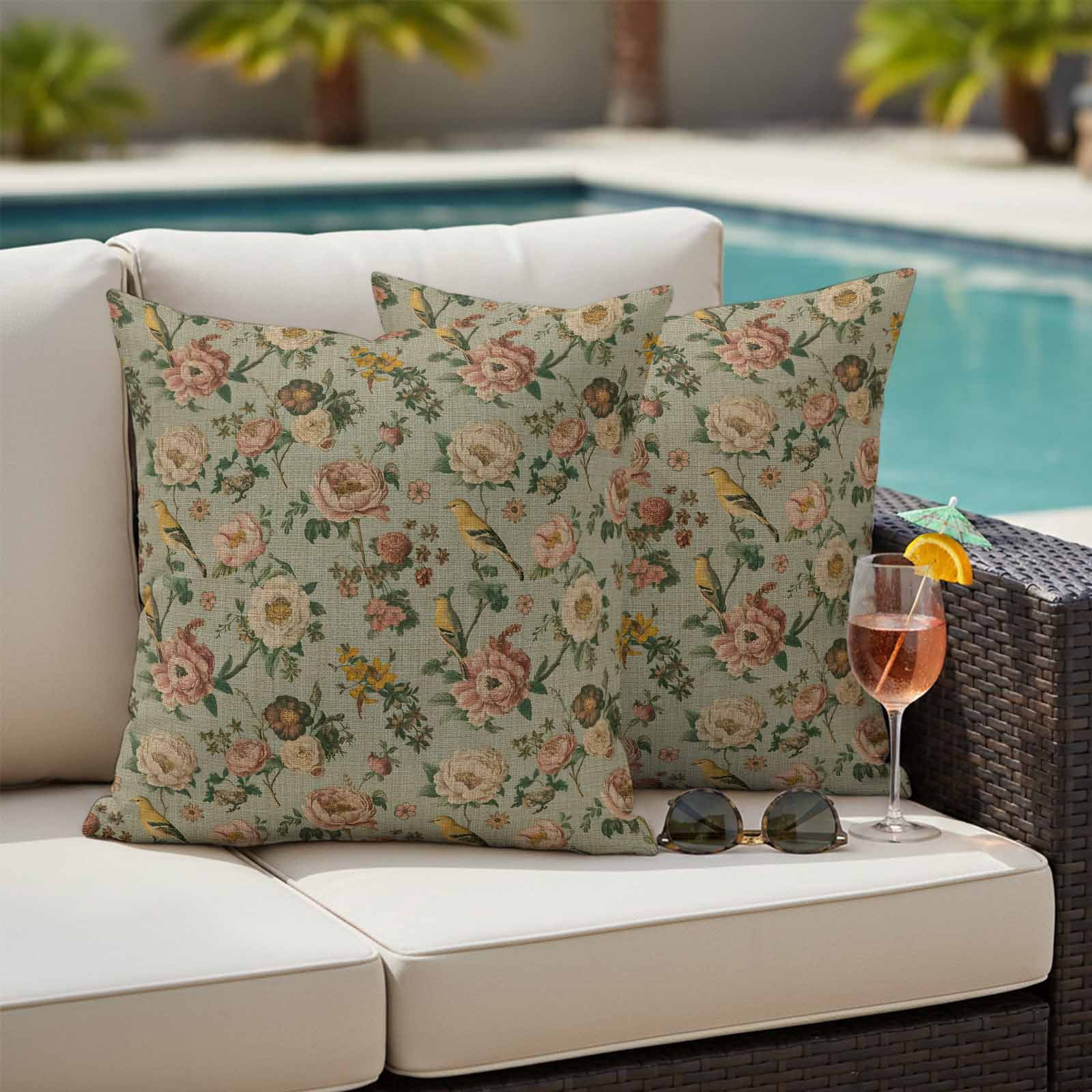 Vintage Spring Floral Outdoor Waterproof Pillow Covers, Farmhouse Flowers Green Vintage Decorative Square Throw Pillowcase Sofa Cushion Sham for Patio/Couch/Chair, 16"x16" 2 Pack