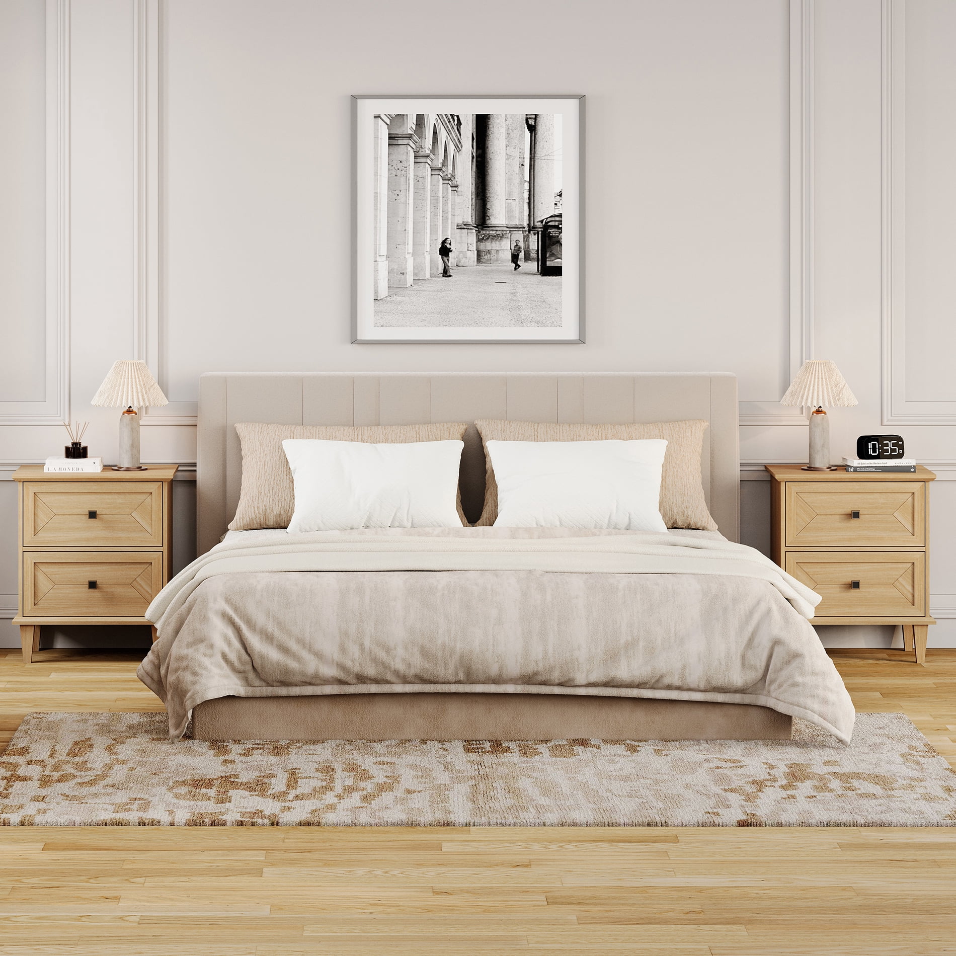 WAMPAT Handmade Patchwork 2-Drawer Nightstand Set of 2 with Charging, Oak
