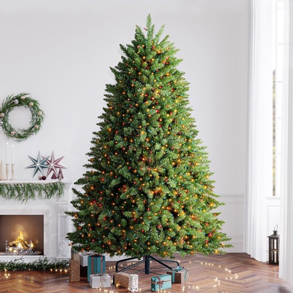 OasisCraft Pre-lit Multi-Color Christmas Tree, Premium Hinged Blue Spruce Artificial Christmas Tree, 9ft Full Xmas Tree with 1200 Color Lights (Color Light, 9FT)