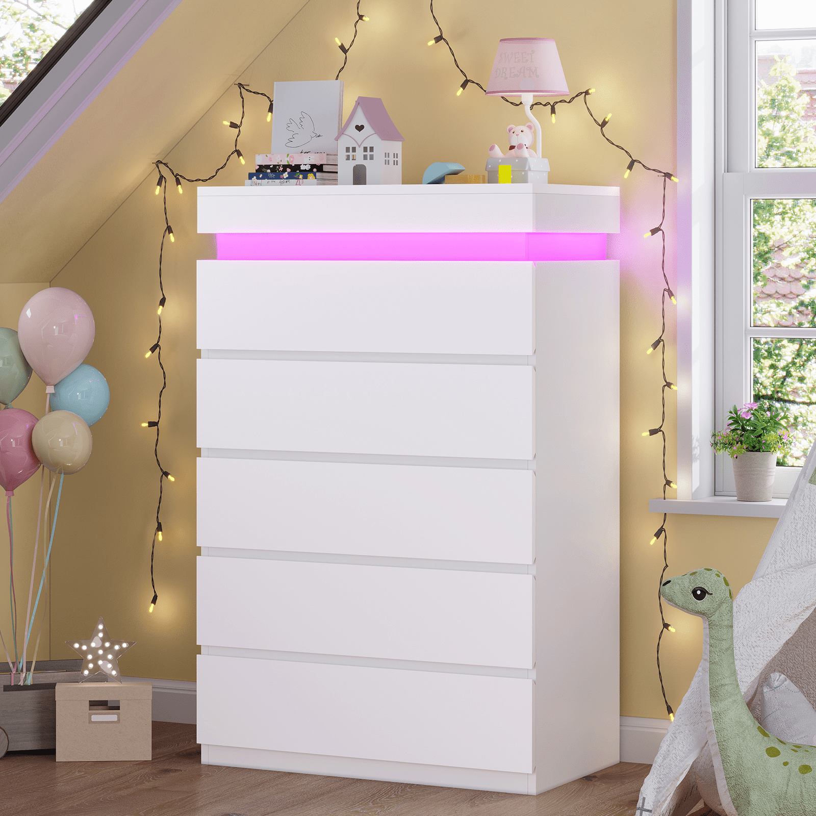 Modern 5 Drawer Dresser with LED Light, Chest of Drawers with LED Lights, Large Storage Tower Clothes Organizer, White Dresser for Bedroom, Living Room, Entryway, Hallway